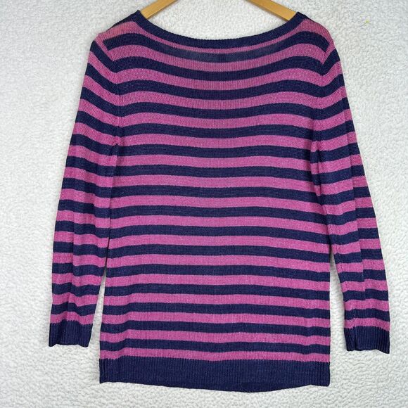 Talbots Sweater Women's L Blue Pink Stripe 100% Linen Knit Long Sleeve Pullover - Picture 7 of 9